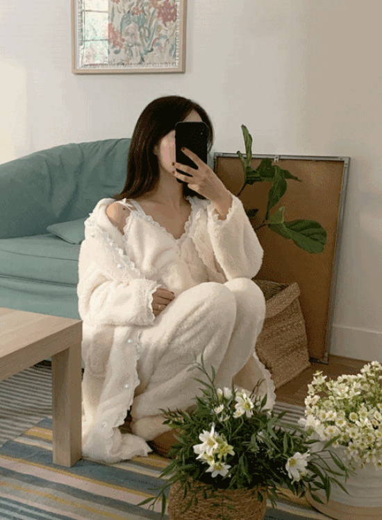 [3set🤍로브+나시+팬츠] 포근 수면 파자마 세트 호캉스 홈웨어 3종세트 리본 잠옷