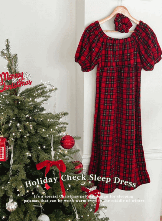 [머리끈set] 크리스마스 수면 체크 홈웨어 원피스 잠옷 홈파티