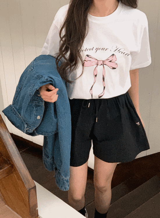 핑크 리본 발레코어 프린팅 오버핏 반팔 티셔츠